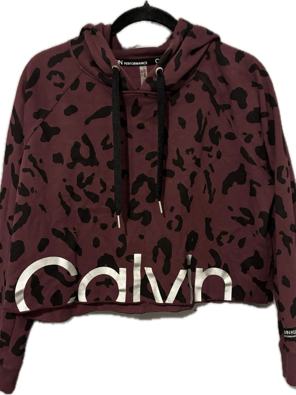 Calvin Klein Performance Maroon Leopard-Print Cropped Hoodie Sweater Size Large